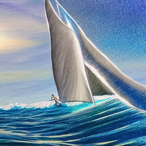  Colored pencil art on paper, Sailboat surfing the waves, highly detailed, artstation, MasterPiece, Award-Winning, Caran d'Ache Luminance