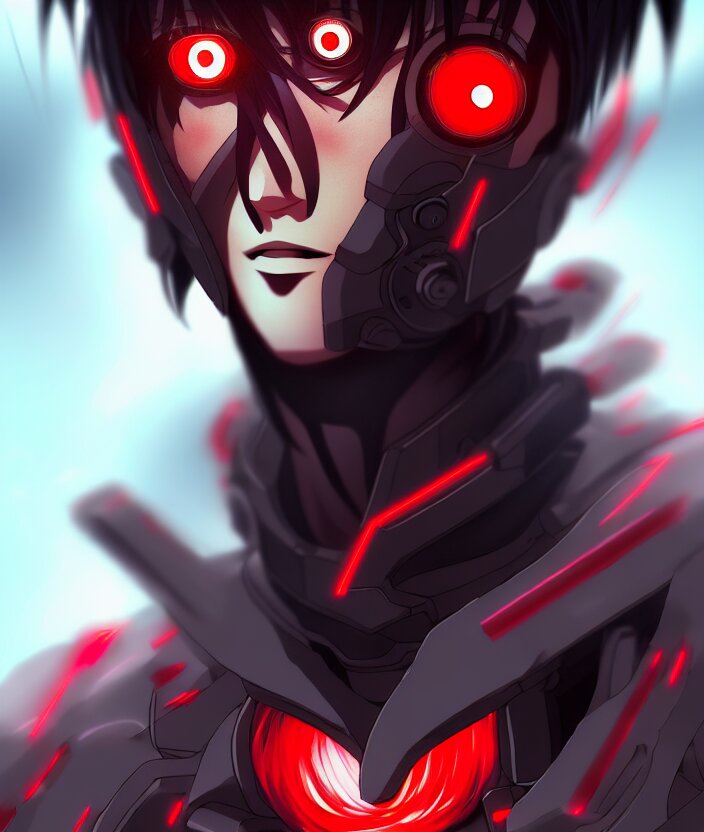 a detailed manga illustration character full body portrait of a dark haired cyborg anime man who has a red mechanical eye, trending on artstation, digital art, 4 k resolution, detailed, high quality, sharp focus, hq artwork, insane detail, concept art, character concept, character illustration, full body illustration, cinematic, dramatic lighting 