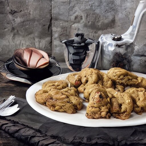 opulent banquet of plates of freshly baked chocolate chip cookies, jelly beans, chocolate sauce, marshmallows, highly detailed, food photography, art by rembrandt 