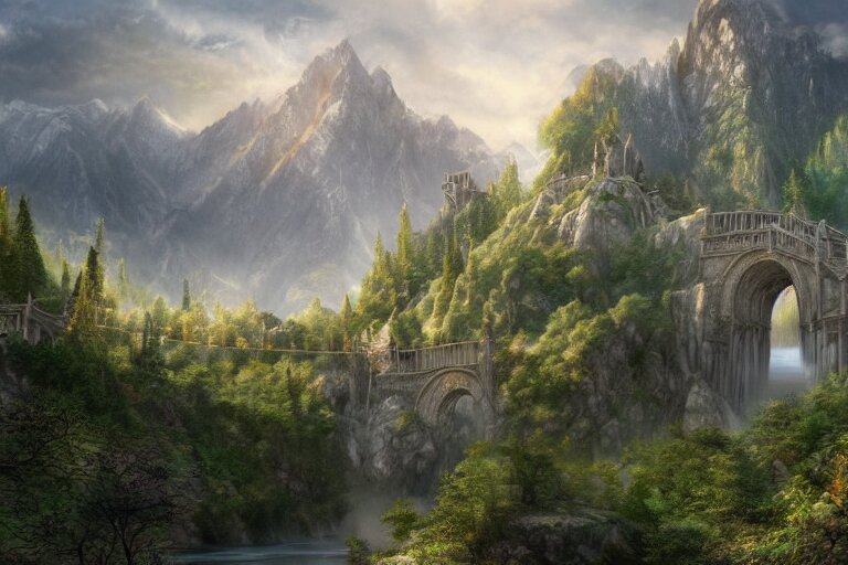 rivendell from lord of the rings matte painting by yanick dusseault and dylan cole, artstation, 4 k, insanely detailed, 