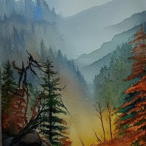 a beautiful watercolor painting an epic appalachian wilderness at dawn, godrays, mystical, deep shadows, epic scale 