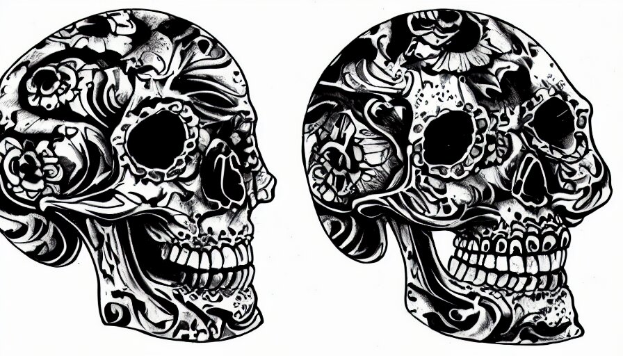 highly detailed skull, Japanese ornament, tattoo ink sketch, isolated on white background