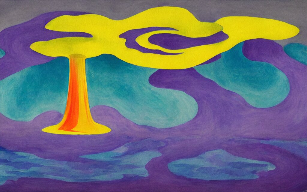 the explosion of an atomic power plant and reflection in a lake in the style of georgia o keeffe. colorful, wavy. painting. medium long shot. perspective. color palette of blue, yellow, purple, green. 