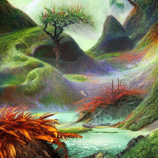 digital painting of a lush wet natural scene on an alien planet by gerald brom. digital render. detailed. beautiful landscape. colourful weird vegetation. 