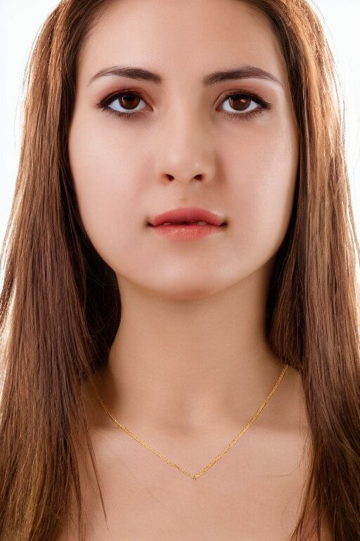 2 4 year old professional female wearing white v - neck top, 1 8 k gold necklace pendant, portrait, neck zoomed in, photo realistic, extreme detail skin, no editing, slr, golden hour, 4 k, high definition, selfie 