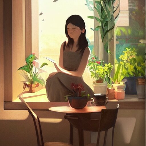 a cozy cute cafe with a window and plants, a young pretty filipino woman sits with an espresso, golden morning light, dramatic light, happy cozy feelings, oil painting trending on artstation 