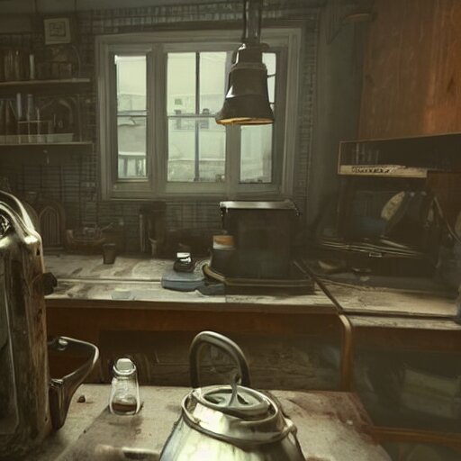 mr. house on the screen holds a faceted glass of milk in one of the manipulators, realism, reflections, metal body, in the kitchen, in the style of fallout 4, 