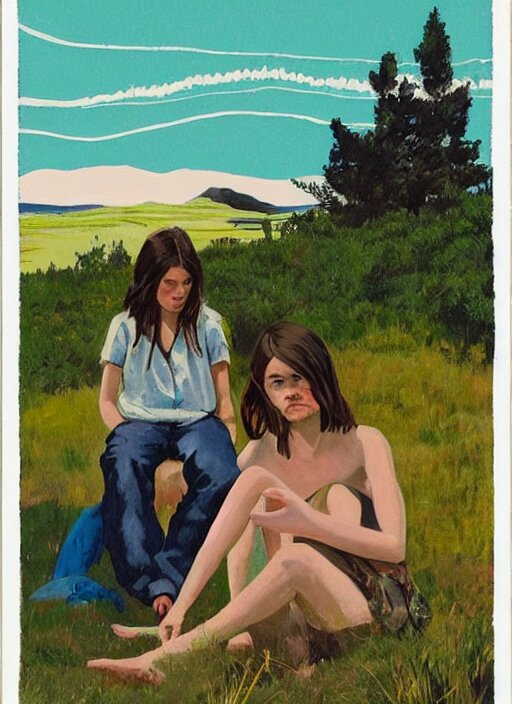 composition by justine kurland, a up - close portrait of girl friends sitting in a scenic representation of mother nature and the meaning of life by billy childish, thick visible brush strokes, shadowy landscape painting in the background by beal gifford, vintage postcard illustration, minimalist cover art by mitchell hooks 