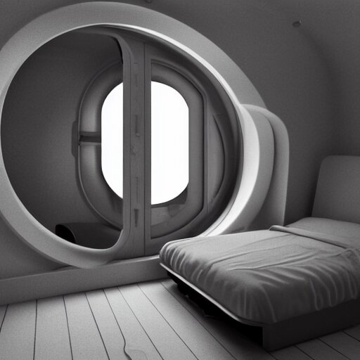 small single bedroom inside space ship with round window looking into space, gray metallic walls, style of engine factory room, 1960s, science fiction, ultra realistic, 4k.