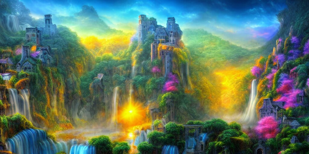 misty village in a waterfall valley at sunrise, ancient ruins, fantasy, precise and incredibly highly detailed intricate 8 k wallpaper, lisa frank dali hr giger, long shot, crisp vibrant colorful and intricate stunning award winning masterpiece trending on artstation beautiful 