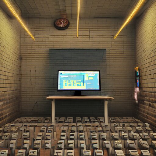 cinema 4D vibrant render, ultra detailed, of a person inside a jail cell sitting with a desk and CRT monitor, coding, matrix, cyber, screens and monitors, computer parts, open stack of books, 4K concept art, detailed, brick walls, vibrant setting, cinematic lighting, light shining through the jail cell, casting shadows, trending on art station, old computer monitor, stressful, working, hyper realistic, ultra detailed, unreal engine, 8K post production