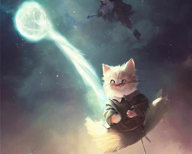 one cartoonish kitty dressed as Gandalf floating alone in space, bright stars, anime, a fantasy digital painting by Greg Rutkowski and James Gurney, trending on Artstation, highly detailed