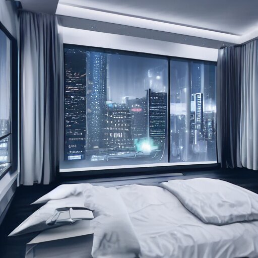 a futuristic luxury white bedroom with ceiling high windows looking out to a cyberpunk cityscape with flying cars, night time, neon lights, cinematic 3d render