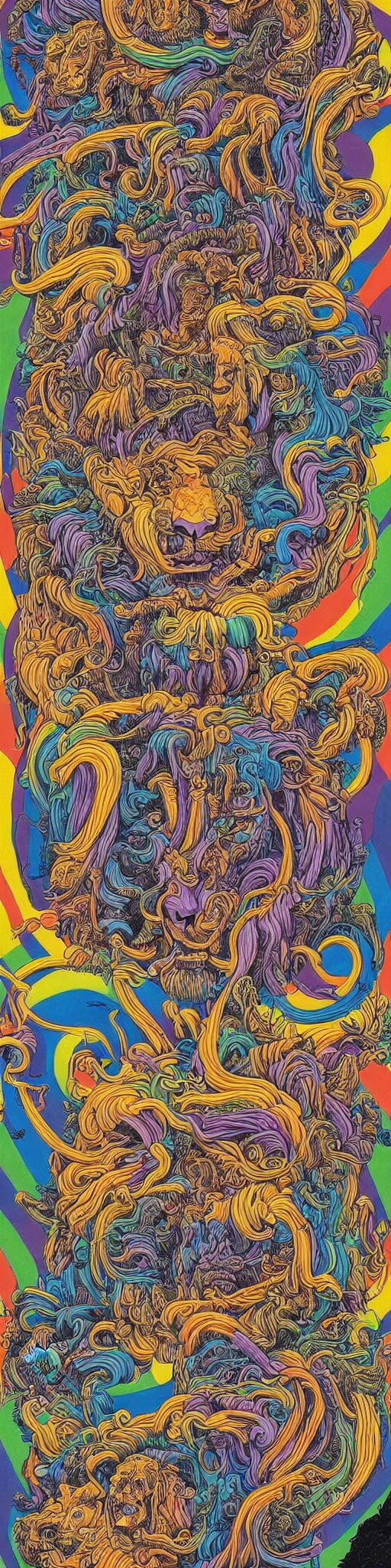 lions and tiger and bears dissolving into melted liquid braids, cubensis, aztec, basil wolverton, r crumb, hr giger, mc escher, dali, muted but vibrant colors, rainbow tubing, 