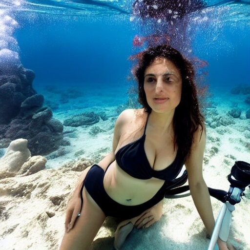 deep sea footage of salma hayak in a bikini by an rov, underwater photograph 