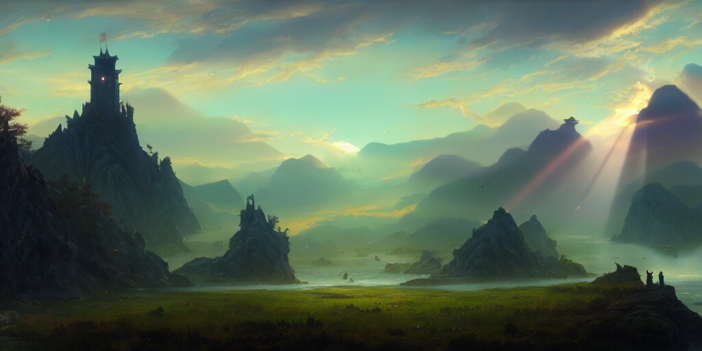 a beautiful fantasy landscape, medieval tower, majestic, god rays, silhouette of a flock of birds in the sky, extremely detailed digital painting, in the style of fenghua zhong and ruan jia and jeremy lipking and peter mohrbacher, mystical colors, rim light, beautiful lighting, 8 k, stunning scene, raytracing, octane, trending on artstation 