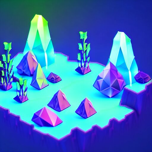 mobile game asset, isometric staircase, crystals, organic low poly vector design, bioluminescent alien - like plants of pandora, aesthetic of avatar's alien nature. we can see alien plants glowing in the dark arround the isometric itens in dark place cyan, orange smooth glow night photoshop filter low poly behance hd 
