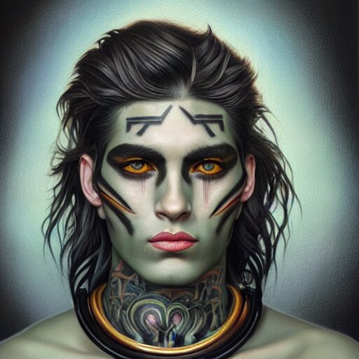 ultra realistic portrait painting of a perfect handsome man green eyes black and grey hair, neck tribal snake tattoo,  painted by Tristan Eaton Stanley Artgerm and Tom Bagshaw