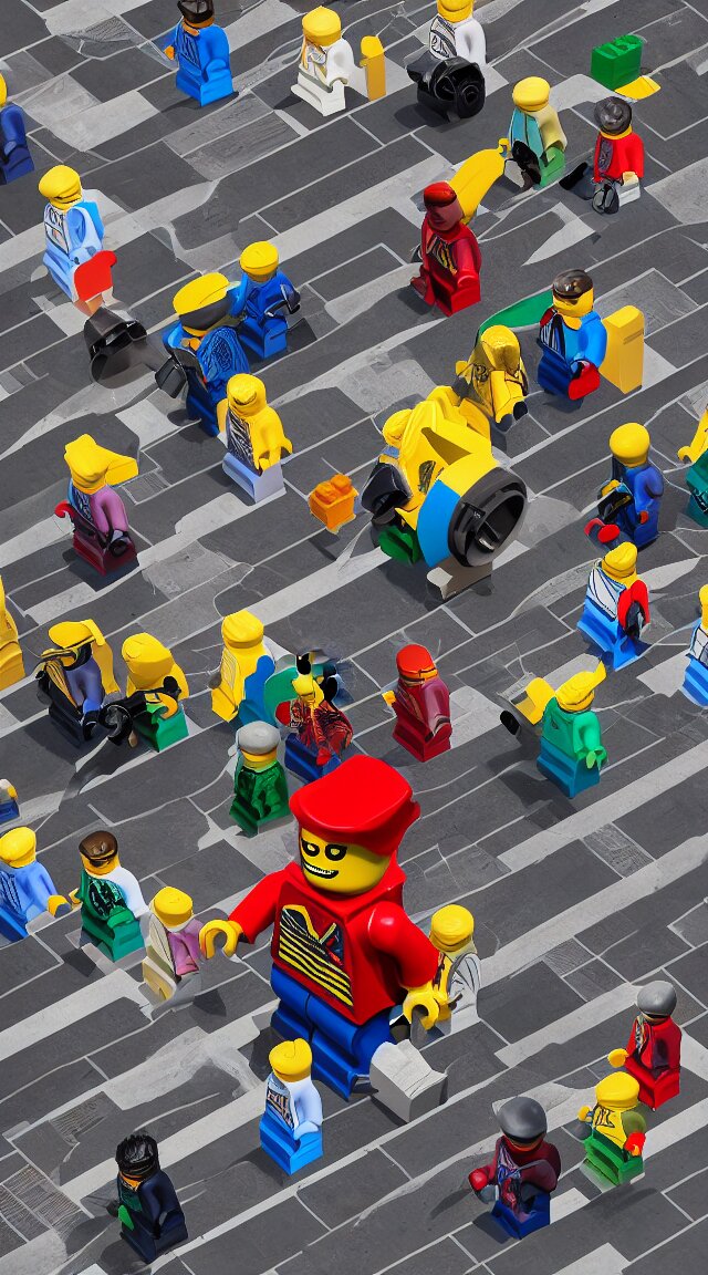 hyperrealistic giant enormous lego minifigure walking over city street, street view, epic lighting, composition, view from ground, buildings, cars, sky 