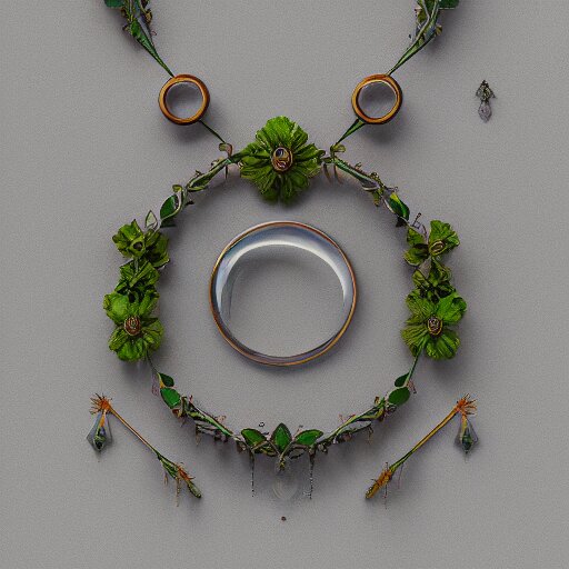 intricate! organic, nordic wedding ring, necklace, gemstones, dreamy floral background, refraction, occlusion, lower and upper levels, keyshot render, octane render, vray render 