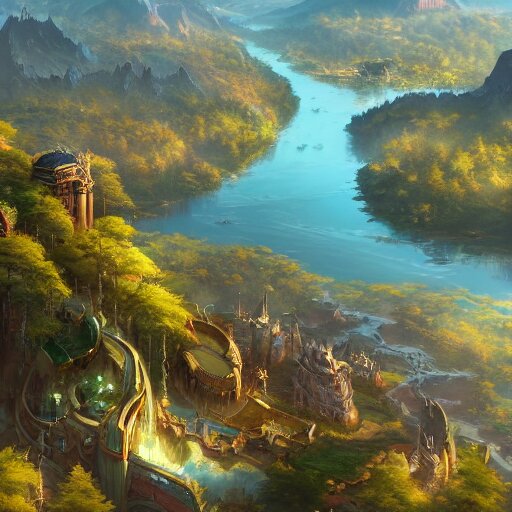 a birds eye view overlooking an ancient fantasy city surrounded by mountains and trees of greens and browns, rivers and lakes by Jordan Grimmer, Asher Brown Durand and Ryan Dening, 8k, artstation, beautiful color pallette