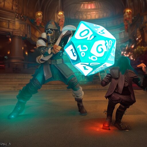 rol game players throwing d 2 0 dice. unreal engine 5. octane render. vray. arnold. maya. 1 8 mm lens. low angle, wide lens. trending on artstation. vegas. depth of field. colorful. d & d. 