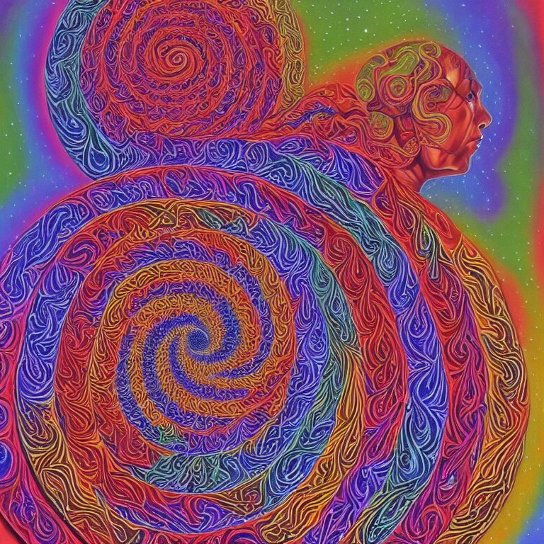 portrait of a person psychedelic fractal soul on fire deep space galaxy fibonacci lateralus within award winning painting by alex grey symmetrical 