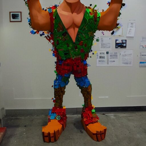 A sculpture made of recycled materials but with perfect definition, in the shape of Johnny bravo