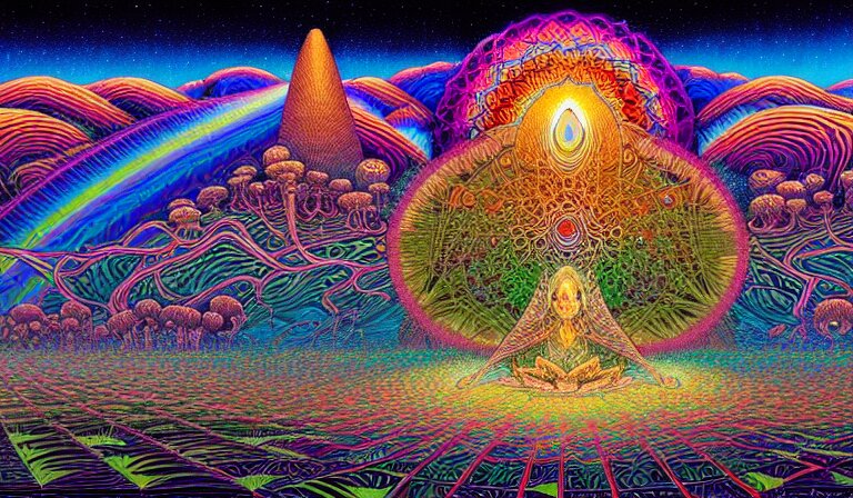 an expansive rendering of beautiful and complex interwoven spiritual connection between all beings by dan mumford, by jim fitzpatrick, by joe wilson, by jim burns, by victo ngai, by jacek yerka, surrounded with colorful magic mushrooms and rainbowcolored marihuana leaves, insanely integrate, featured on deviant art, trending on artstation 