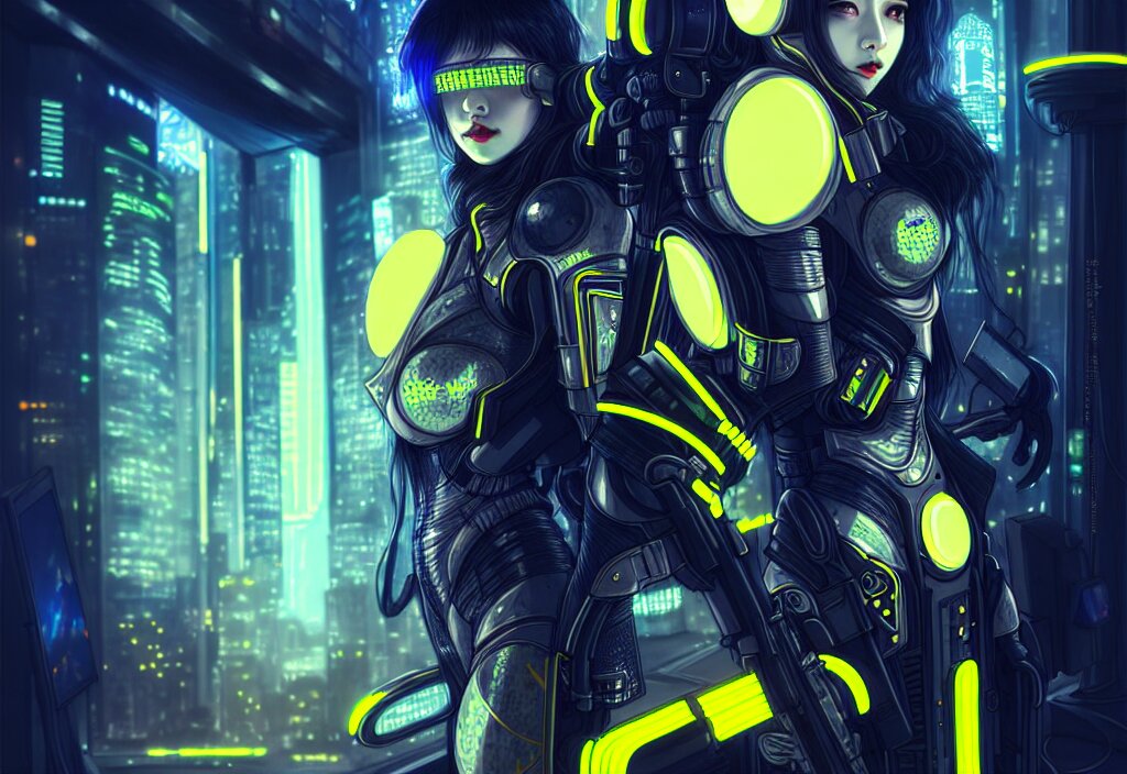 futuristic armor dark grey hair ploice girl, metallic black and yellow color wardrobe, in cyberpunk lights shibuya japan reflected night, ssci - fi, neon light and fantasy, intricate and beautiful, highly detailed, concept art, smooth and sharp focus, illustration, art by tian zi and wlop and alphonse mucha 