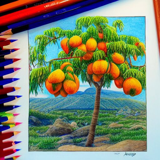  Colored pencil art on paper, Mango tree, highly detailed, artstation, MasterPiece, Award-Winning, Caran d'Ache Luminance