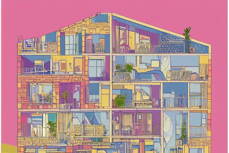 a beautiful flat 2 dimensional illustration of a cross section of a house, view from the side, a storybook illustration by muti, colorful, minimalism, featured on dribble, unique architecture, behance hd, dynamic composition 