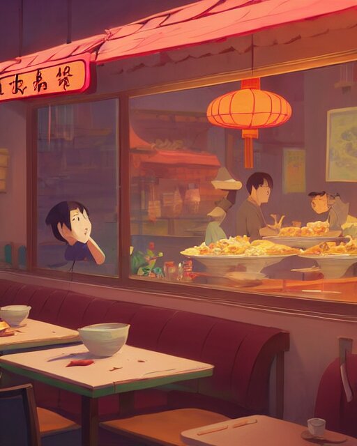 chinese buffet in a homely little restaurant, cory loftis, james gilleard, atey ghailan, makoto shinkai, goro fujita, studio ghibli, rim light, exquisite lighting, clear focus, very coherent, plain background, soft painting 