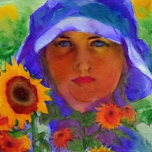 molly sanden, watercolor, in the style of claude monet, beautiful face, sunflowers, fall leaves red and orange, award winning, hd, 4 k, purple, blue 