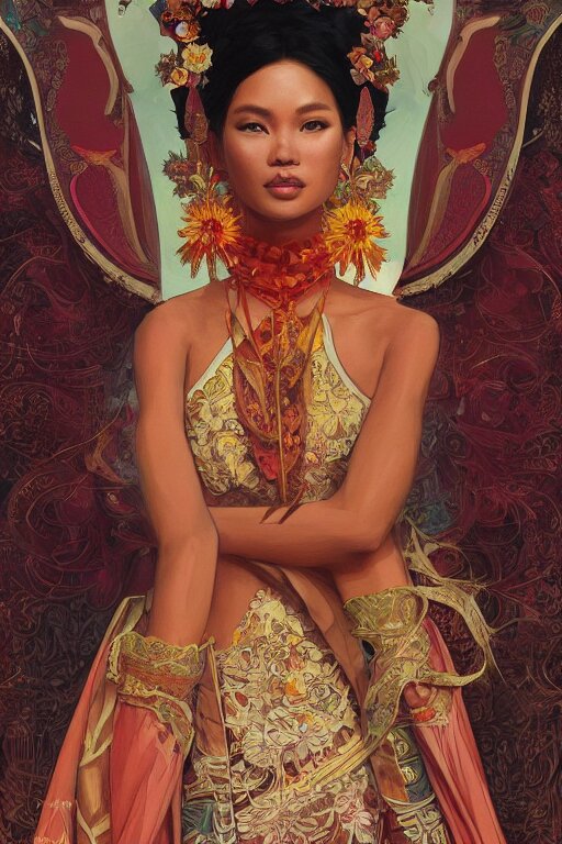 portrait of a beautiful indonesian supermodels wearing traditional costume, highly detailed, digital painting, artstation, concept art, sharp focus, illustration, art by kittichai rueangchaichan and james gurney and alphonse mucha 