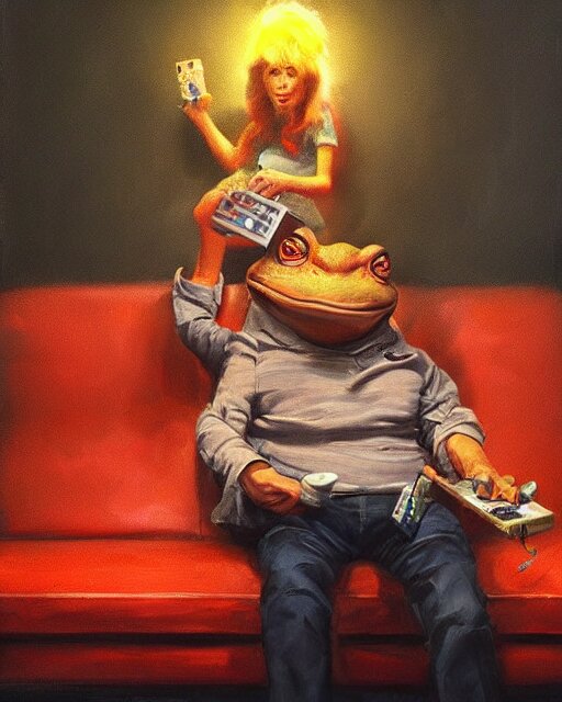 hyper realistic oil painting of toad watching a tv movie on the couch, back camera shot, vibrant colors, high contrast, by greg rutkowski, trending on artstation, caricaturist 