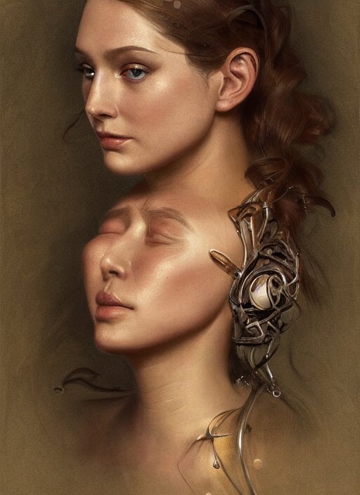 a highly detailed photo of very intricate female face portrait, futurism, rococo cyber neon lighting, detailed futuristic fibonacci jewelry, profile posing, hyper photorealistic, trending in pinterest, cinematic, 4 k ultra hd, by denis villeneuve tom anders zorn hans dragan bibin thoma greg rutkowski ismail inceoglu illustrated sand storm alphonse mucha 