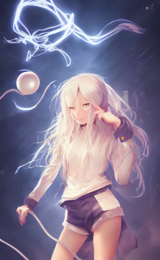 anime girl with wavy white hair in a hoodie holding an electric ball, WLOP, concept art, digital painting, trending on artstation, highly detailed, epic composition, 8k UHD