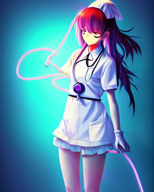 anime style, vivid, expressive, full body, 4 k, painting, a cute magical girl with a long wavy hair wearing a nurse outfit, correct proportions, realistic light and shadow effects, neon lights, centered, simple background, studio ghibly makoto shinkai yuji yamaguchi 