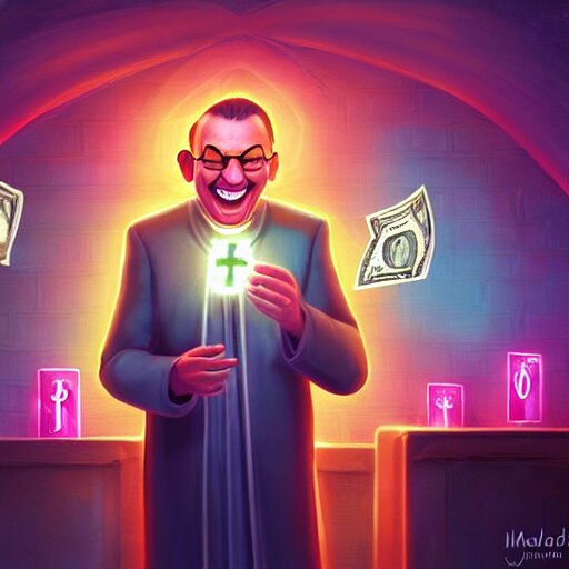 priest laughing while throwing dollar bills in the air in a strip club by mandy jurgens, cartoon, dark backgroun, visionary art, magic symbols, holy halo, neon ambient lighting, high detail, dark vibrant colors 