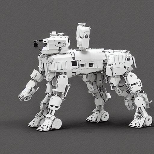 dog type mech made of white plastic art by jakub rozalski 