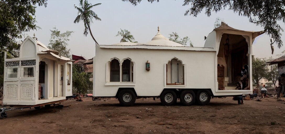 mughal - style white ivory tiny home on trailer with minarets in cyberpunk india 