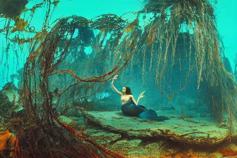 analog photograph of underwater ruins with a mermaid and kelp, deep azure tones, film grain, color bleed, bokeh, depth of field, by ansel adams, ruan jia