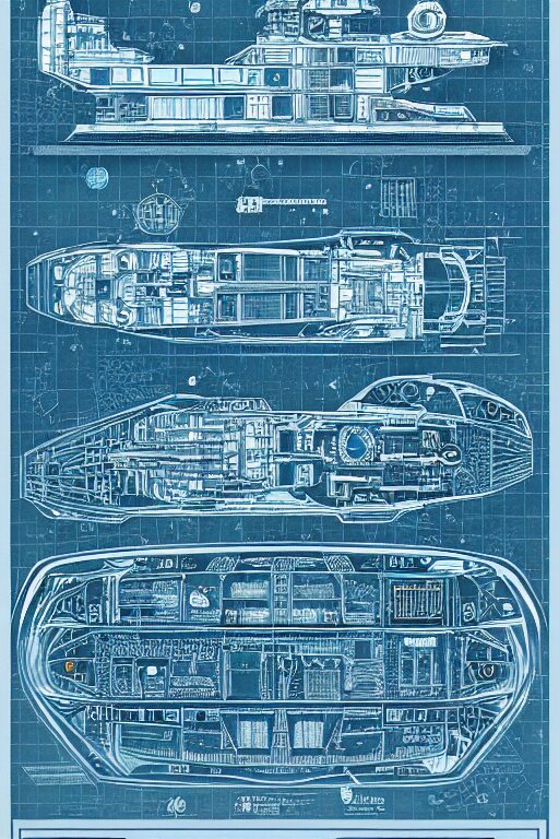 intricately detailed blueprint of a cruiser class spaceship by Jen Bartel and Dan Mumford and Satoshi Kon