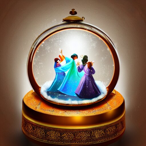 whirling dervishes inside a snow globe on a table, digital art, artstation, highly detailed 