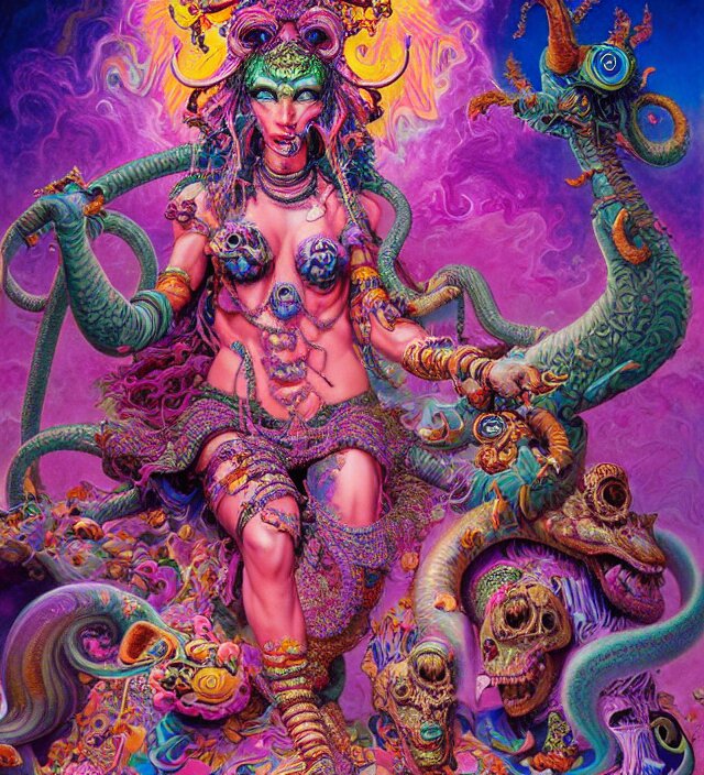 lisa frank blotter acid fantasy character portrait of kali ma, ultra realistic, wide angle, intricate details, dharma artifacts, aum, highly detailed by hr giger, peter mohrbacher, wayne barlowe, boris vallejo, hajime sorayama aaron horkey, gaston bussiere, craig mullins 