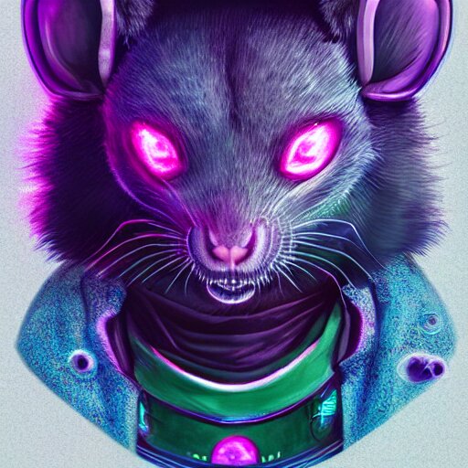 a beautiful full body portrait of a cute cyberpunk rat with bioluminescent fur and bioluminescent tail by sandra chevrier and greg rutkowski and wlop, purple blue color scheme, vaporware, retro, outrun, high key lighting, volumetric light, digital art, highly detailed, fine detail, intricate, ornate, complex, octane render, unreal engine, photorealistic 