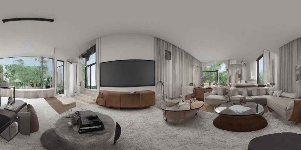 Equirectangular GoPro VR render of a modern living room, natural colors, ambient occlusion, national geographic, 8k uhd