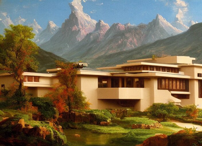 painting of a frank lloyd wright house in front of beautiful mountains by thomas cole 