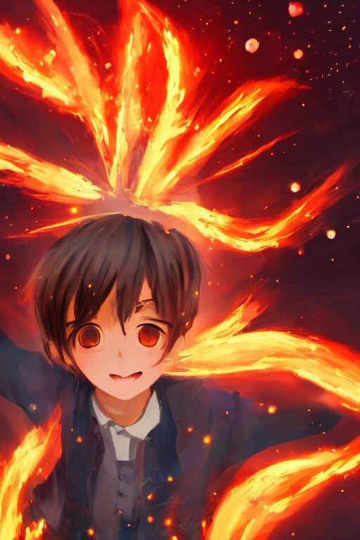 Lexica Anime young boy wearing suspenders pointing at the sky with